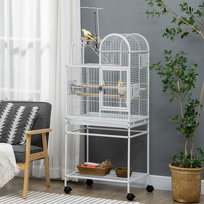 PawHut 55" Large Parrot Cage with Toy Hooks Above Top Bird Perch, Tray, Food Cups, Rolling Stand, Bird Cage for Cockatiels, Parakeets, Lovebirds