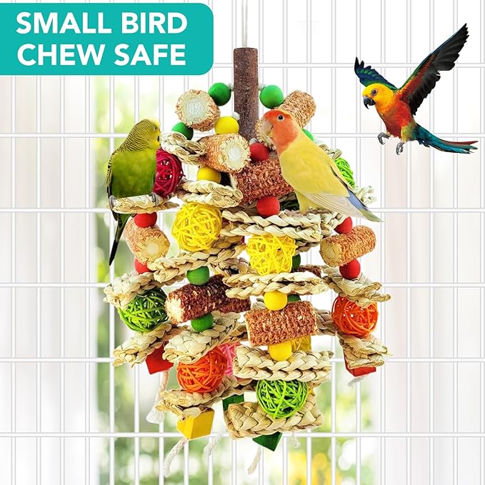 Parrot Chew Toy, Natural Material Bird Foraging Toy for Conures, Quaker Parrots, Medium-Sized Birds - Colorful Hanging Shredding Toy with Woven Ball, Corn Cob and Wooden Beads