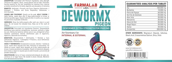Farmalab Natural Dewormer Internal & External 100 Tabs Poultry - Vitamin for Poultry Rooster Hen Chicken Baby Chick Doves Pigeons and All Caged Birds (Pigeon Doves Squail)