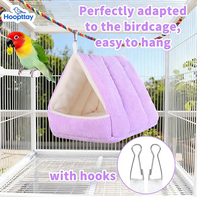 Winter Warm Bird Bed for Cage with Soft Plush Hanging Hammock & Hut Tent, Hideaway Sleeping Nest for Budgies, Cockatiels, Small Animals, and Guinea Pig Hideouts (Purple, S)