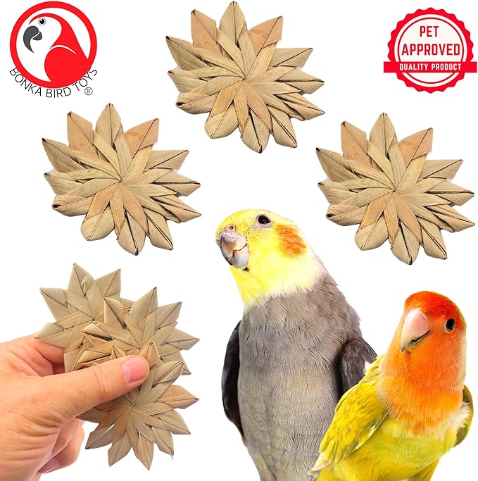 Bonka Bird Toys 1271 Pack of 3 Woven Palm Leaf Flowers 3" Natural Chew Shred Foot Toy for Extra Small to Medium Birds Parakeets Cockatiels Conures Senegals Amazons