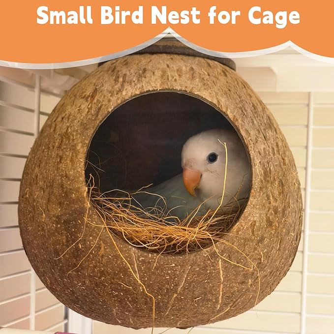 Coconut Bird Nest for Cage Natural Coconut Shell Birds House Parakeet Small Coconut Hide Breeding Hut Bird Cage Accessories for Parrot Lovebirds Budgies Cockatiel Conure Finch Canary