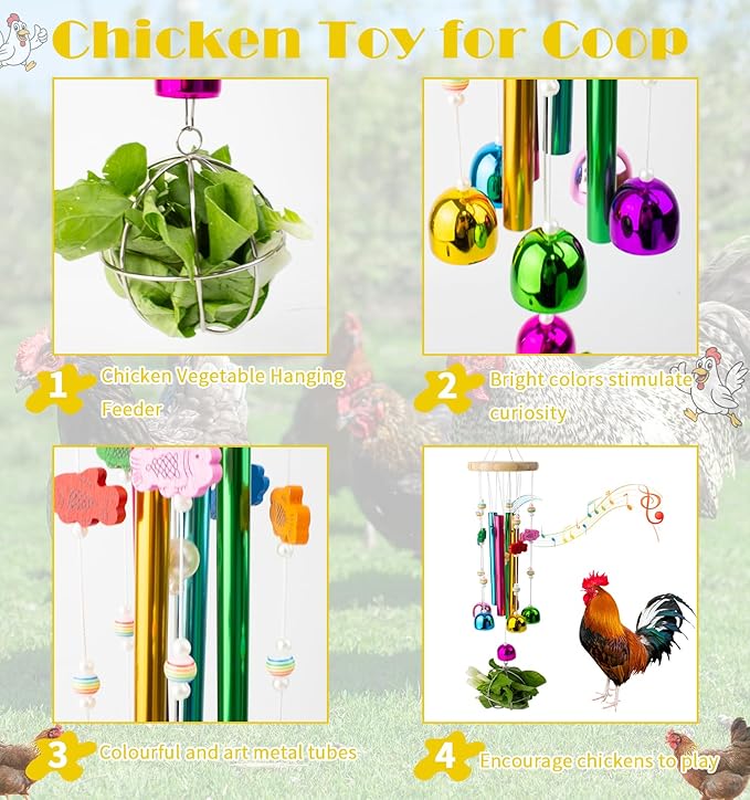 Chicken Toys with Treat Ball for Coop, Chicken Wind Chime Toys for Hens with 5 Metal Bells, Hanging Chickens Coop Pecking Toy for Hens Chicks Poultry