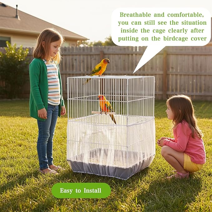 2 Pcs Bird Cage Netting Seed Catcher, Adjustable Skirt Bird Cage Net White Polyester Splash Guard for Parrot Finch Cages