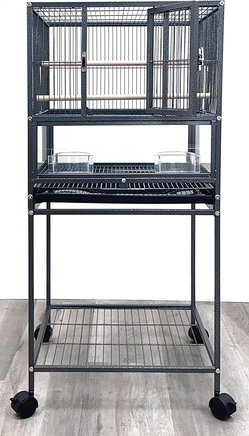 Deluxe Durable Wrought Iron Bird Parrot Flight Cage Sturdy Front Door Side Nesting Doors Acrylic Clear Bottom Prevent Food Spillage Removable Rolling Stand Lockable Wheels