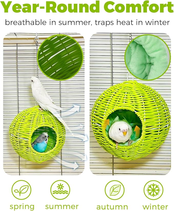 Chewproof Steel Frame Bird Nest for Cage, Washable Small Bird Bed Hammock Hideout Lay Eggs Parakeet Nest Sleep, Parakeet Warm Bed House Hut for Lovebird, Canary, Budgie, Finch (Green)
