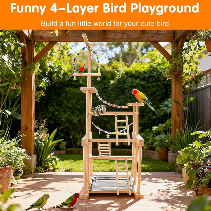 Bird Playground 4 Tier, Parrot Perch Stand Bird Play Stand with Feeder Cups, Ladder, Chain Toy, Swing and Detachable Tray, Parrot Playground for Parakeet Conure Cockatiel Lovebird Budgie