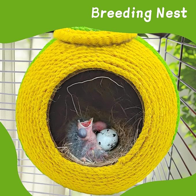 Bird Nest,Parrot Breeding House,Parakeet Natural Coconut Shell Hut,Hanging Budgie Nesting House with Coconut Fiber,Cockatiel Bed for Conure Lovebird Finch Birds,Green&Yellow