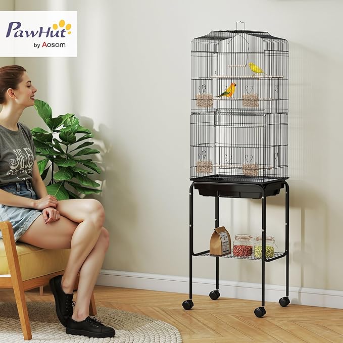 PawHut 60" Metal Indoor Bird Cage Starter Kit with Detachable Rolling Stand, Storage Basket, and Accessories, Black