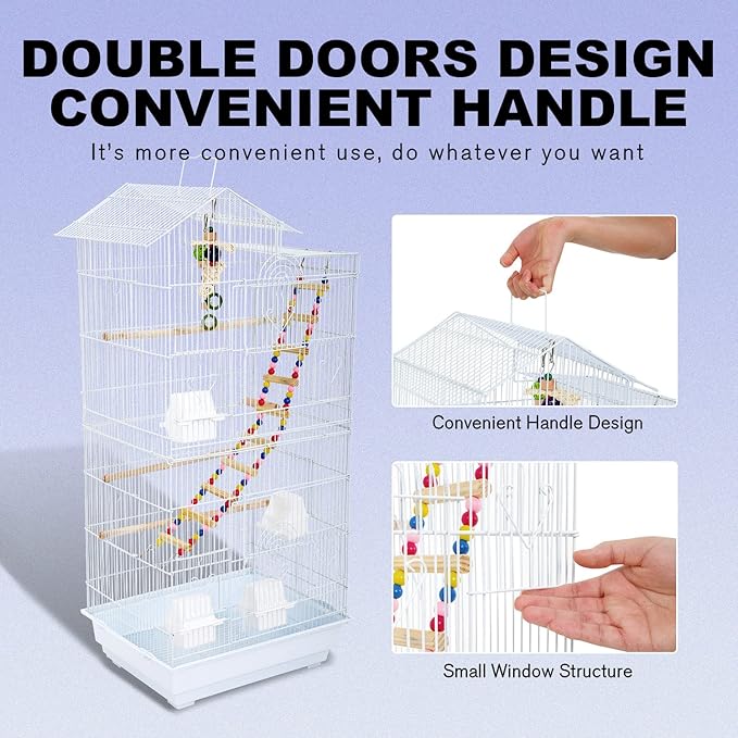 HCY 39 Inches Bird Cage Roof Top Large Flight Parrot Bird Cage with Toys for Small Medium Birds, Cockatiel,Parakeets,Parrot,Lovebirds, Finch,Canary Pet Bird Cage(White)