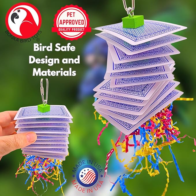 Bonka Bird Toys 1472 Poker 8" x 3.5" Paper Cards Crinkle Shred Foam Beads Wire Core Hanging Toy for Small Medium Birds Like Conures Senegals Caiques Meyers Foraging Chewing Enrichment