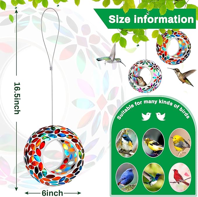 2 Pcs Mosaic Glass Hanging Bird Feeder Round Fly Through Balcony Bird Feeder for Backyard Window Outdoor Garden Deck Porch Decor