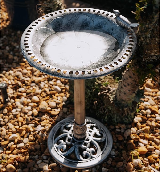 Backyard Expressions Outdoor Garden Bird Bath with Bird - Silver - Weather Resistant Polyresin - 30 Inch