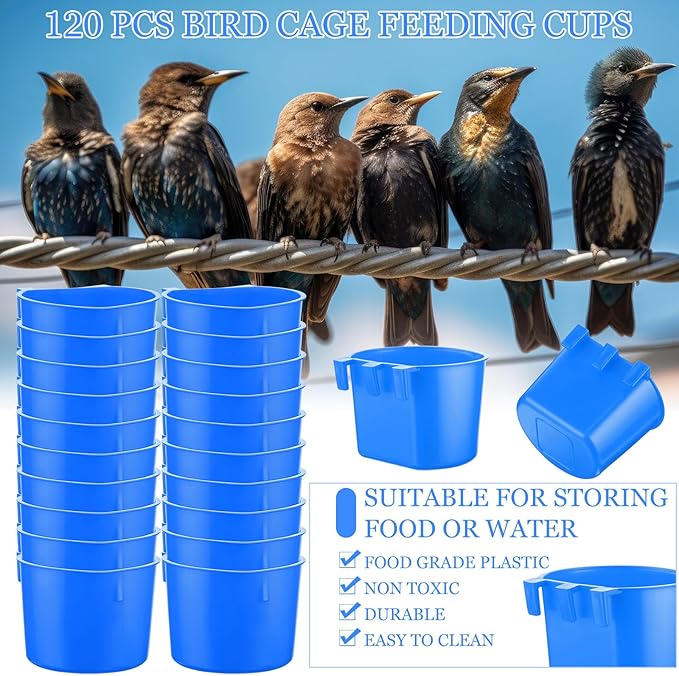 Ziliny 120 Pcs Cage Cups Chicken Birds Feeder Cups Plastic Hanging Chicken Feeders and Waterers 8 oz Feeding Bowl for Gamefowl Supplies Pet Pigeon Poultry Parrot Parakeet Rooster Rabbit(Blue)