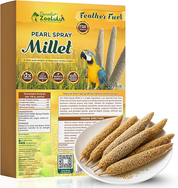Danodia's Zoolulu Pearl Spray Millet for Birds, 950 g (2 lbs) | All-Natural, Sun-Dried Non-GMO Treats | Hand-Selected for Parakeets/Budgies, Finches, Canaries, Cockatiels & Lovebirds