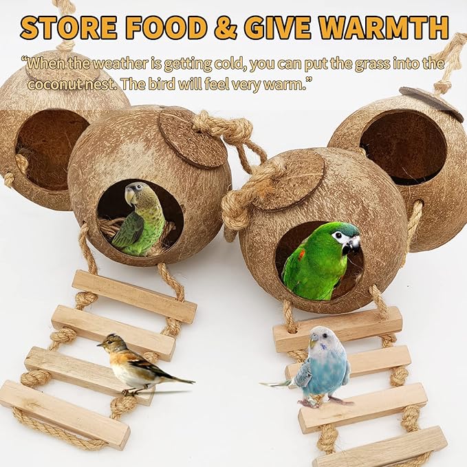 Tfwadmx 4 Pcs Coconut Hide with Ladder, Natural Coconut Fiber Hanging Birdhouse Cage, Coconut Bird Shell Breeding Nest for Parrot Parakeet Lovebird Finch Canary