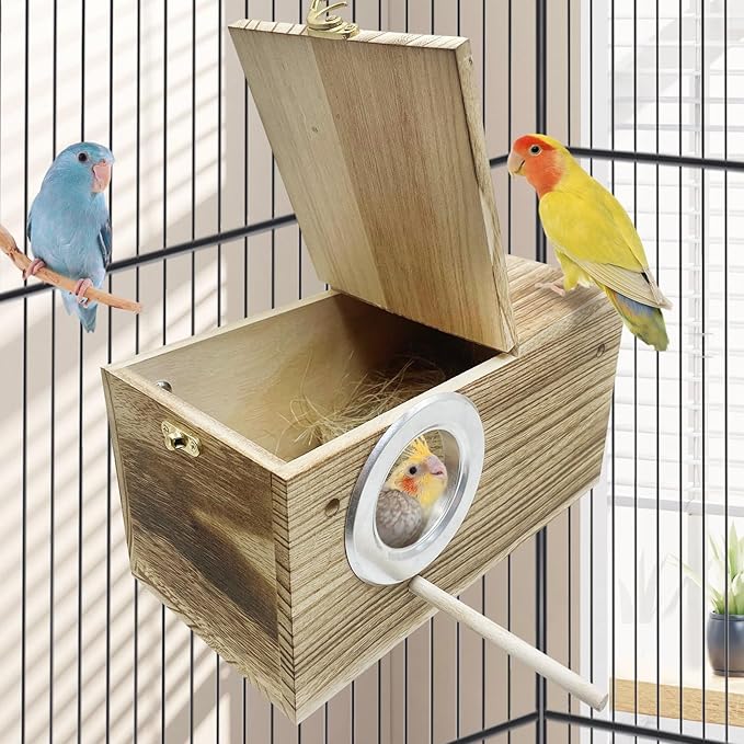 PINVNBY Parakeet Nesting Box, Carbonized Wood Bird Box, Wood Breeding Box for Birds, Budgie Lovebirds Conure Finch Parrot Canary (L: 11.8 x 5.9 x 5.9 inch)