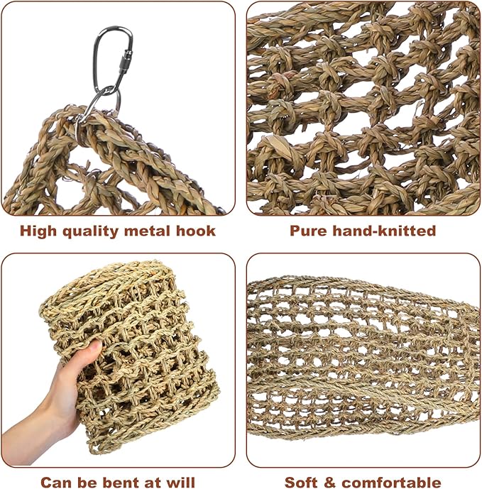 39.34 x 7.08 Inch Large Seagrass Mat for Birds with 5 Hooks, Bird Cage Accessories, Natural Grass Woven Bird Net Hammock Mat, Climbing Rope Ladder Chew Toys