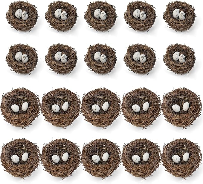 60 Pcs Artificial Rattan Birds Nest with Eggs for Crafts, Mini Faux Bird Nest for Easter Home Garden Decor Wedding Party(20 Pcs Mixed Small Size Nest & 40 Pcs Eggs)