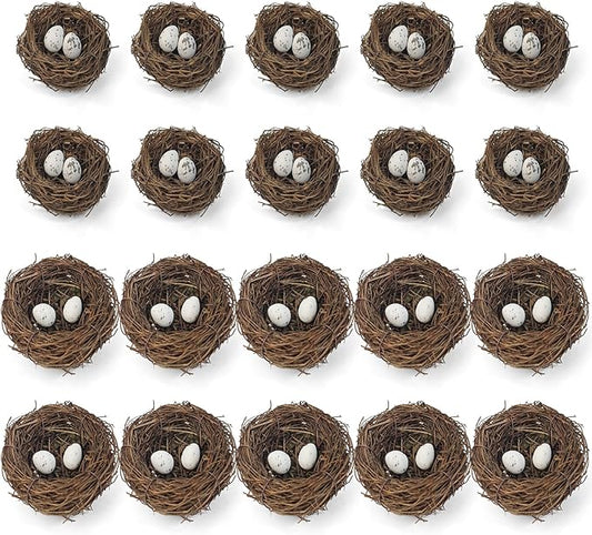 60 Pcs Artificial Rattan Birds Nest with Eggs for Crafts, Mini Faux Bird Nest for Easter Home Garden Decor Wedding Party(20 Pcs Mixed Small Size Nest & 40 Pcs Eggs)