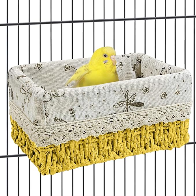 kathson Bird Nest Parrot House Birds Sleeping Bed Straw Weave All Season Hanging Hammock Bird Bed Snuggle Hut Birdcage Accessories for Parakeets Budgies Cockatiels Conures Quaker Parrot(Yellow)