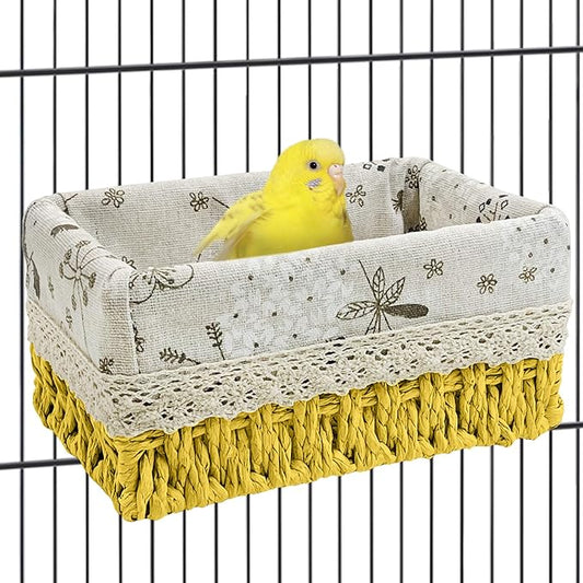 kathson Bird Nest Parrot House Birds Sleeping Bed Straw Weave All Season Hanging Hammock Bird Bed Snuggle Hut Birdcage Accessories for Parakeets Budgies Cockatiels Conures Quaker Parrot(Yellow)