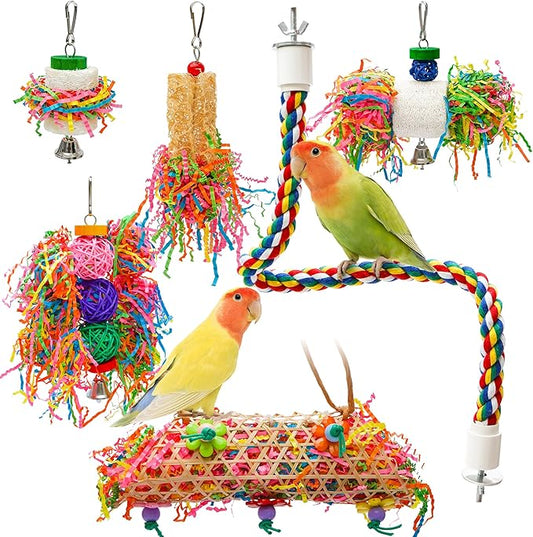 6PCS Bird Parrot Foraging Toys with Rope Perch Parakeet Chewing Hanging Toy Shredder Paper Cage Accessories for Small Parrots Parakeets Conures Cockatiels Love Birds Cage Toy