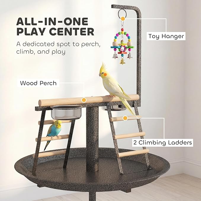 PawHut Bird Stand, Parrot Stand with Wheels, Perch, Stainless Steel Feed Bowls, Round Tray for Indoor Outdoor, Dark Gray