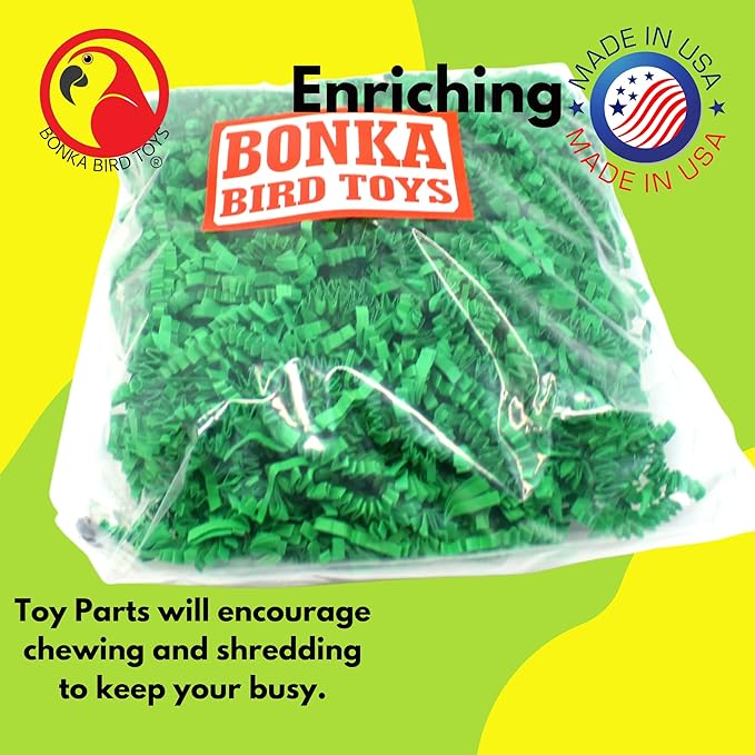 Bonka Bird Toys Colored Crinkle Shred Paper Chew Forage Nesting Treat Natural Multi-Use Craft Part Projects Cockatiels Parakeets Conures Amazons and Other Similar Birds (Green)