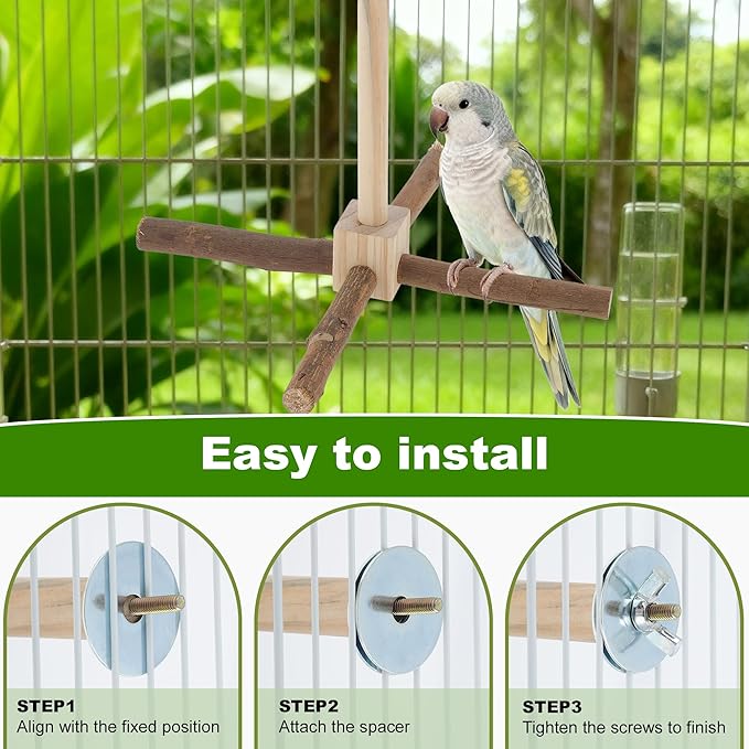 Rotating Bird Perches, Natural Wooden Perch with Chew Toy, Bird Toys for Small & Medium Birds, Small, Natural Wood Color, 1 Set