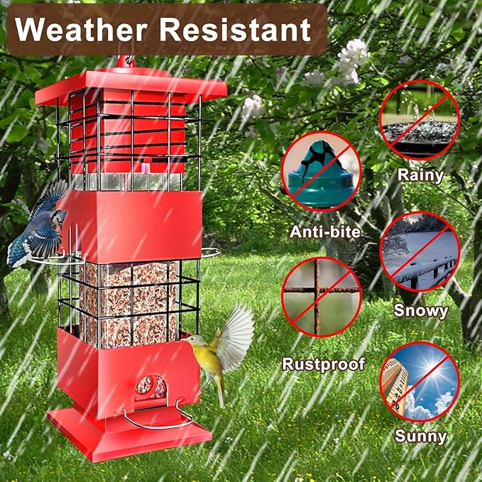 Bird Feeders Squirrel Proof for Outdoors, 3LBS Metal Hanging Bird Feeders, Weight-Activated Perches Anti-Squirrel Birdfeeder for Blue Jay, Cardinal, Outside (Red)