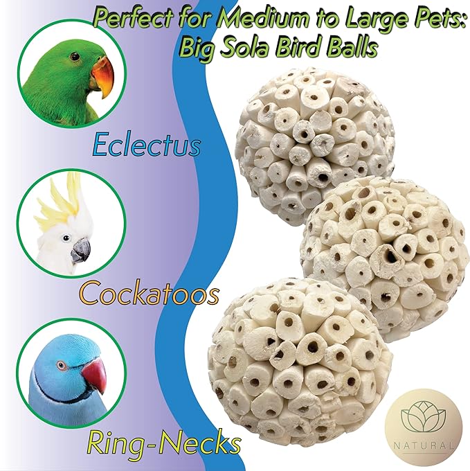 by M&M 5101 Big Sola Bird Balls Pk3 - Handmade Natural Sola Wood Chew Balls, Lightweight Pithy Bird Safe Material, Great Fun for Beaks and Feet, Ideal for Medium Size Pet Birds