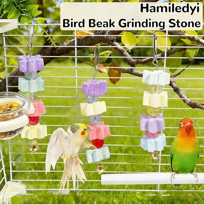 Hamiledyi 2Pieces Parrot Beak Trimmer Calcium Stone Chinchilla Grinding Teeth Lava Block Bird Beak Trim Pumice Toy Mineral Rock Chewing Toys with Bell for Conure Budgies Parakeet Hamster Rabbit