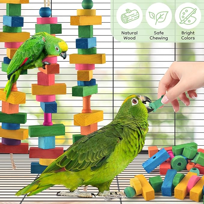 DBNESS Large Bird Toys for Parrots, 165 PCS Colorful Chew Toy Multi-Shaped DIY Wooden Blocks Craft Birds Cage Training Toy Macaw Cockatoo African Grey Medium Large Parrot