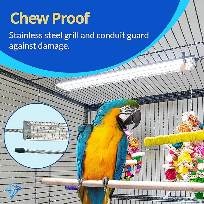 HappyBird Lighting Bird Cage Light with Chew Guard - Full Spectrum LED Pet Light - Simulates Natural Environment - Safe for Hookbill Birds – Easy to Install - (10" Long)
