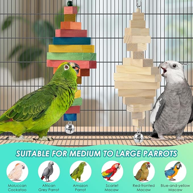DBNESS 2 Pcs Bird Toys, 15.94in Large Parrot Foraging Toys for Beak Grinding, Wooden Block Bird Chewing Toys for Macaws Eclectus Cockatoo African Greys Amazon Parrots