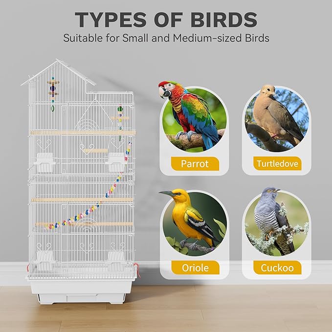 62-inch Metal Bird Cage: Spacious Bird Cage for Cockatiels, Parrots, Pigeons, Lovebirds, Features Roof Access and Rolling Stand, White