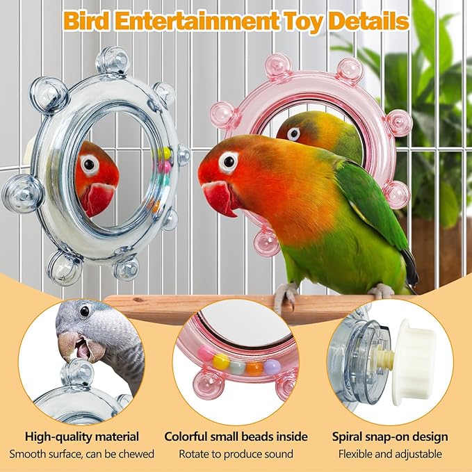 Hamiledyi Bird Rotating Toys with Mirror Interactive Spinner Rattle Parrot Toy Birds Chewing Toy Parakeet Cage Accessories for Entertainment Suitable for Conure Cockatiel Lovebird (Blue and Pink,2PCS)