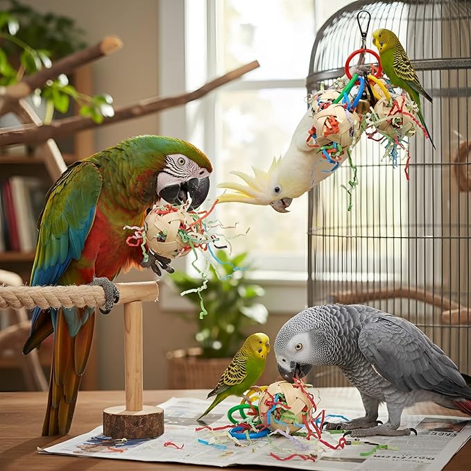 Bird Toy, Bamboo Ball Shredded Paper Parrot Foraging Tearing and Climbing Hanging Toy, Suitable for Parakeet Conure Cockatiel and Lovebird
