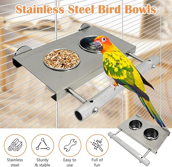 Stainless Steel Bird Feeder Hanging Parrot Feeder Bowl with Perch Stand Removable Food and Water Cups Bird Cage Accessories for Parakeet Cockatiel Budgie Conure