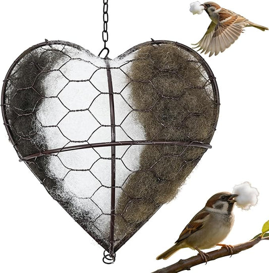 Heart Shaped Bird Nesting Material Holder - Refillable Wild Bird Nesting Supply Station with Natural Fibers, Outdoor Garden Hanging Bird House Accessory for Hummingbirds & Wild Birds