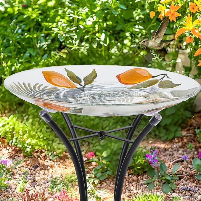 MUMTOP Outdoor Glass Birdbath with Metal Stand for Outside Yard Garden Decor, 18 inch Diameter Lemon Tropical Decorative Bird Baths Bowl for Outdoors, 21.65 inch Height