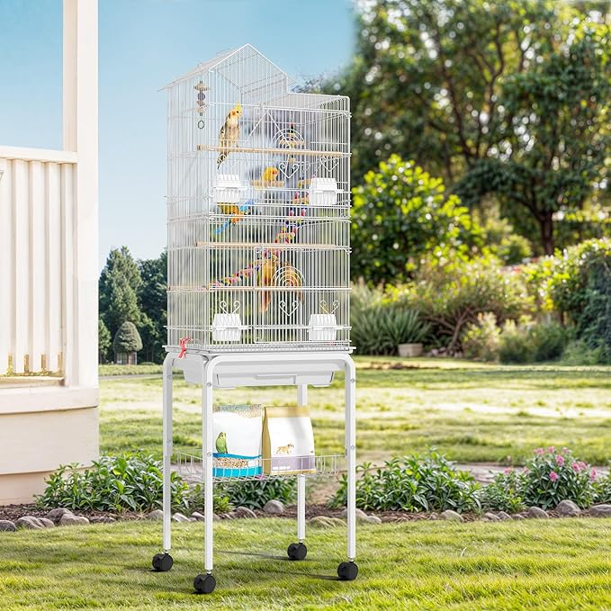 62-inch Metal Bird Cage: Spacious Bird Cage for Cockatiels, Parrots, Pigeons, Lovebirds, Features Roof Access and Rolling Stand, White