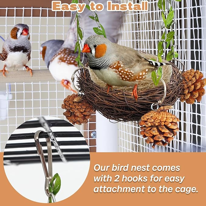 PINVNBY Natural Rattan Bird Nest for Cage Hanging Bird Bed Sugar Glider Swing Toys with Coconut Fiber Mat for Parakeet Cockatiel Lovebird Conure Sugar Glider Canary