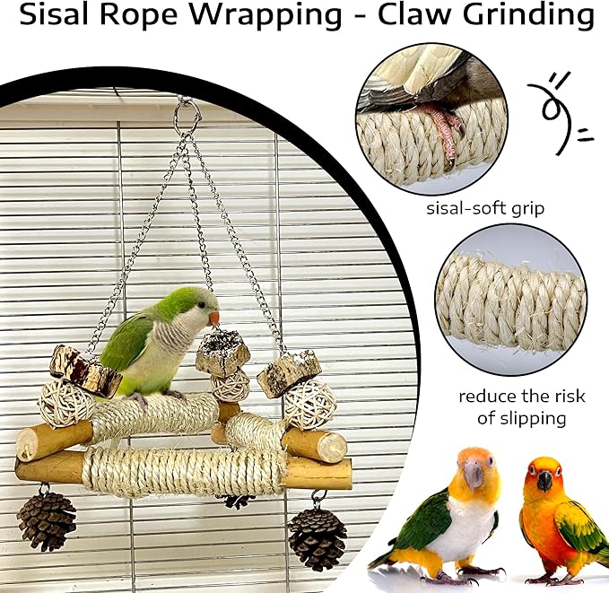 Large Bird Swing for Cage with Chew Toys, 3 Sisal-Wrapped Bird Perches & Stable Triangle Design, Wooden Hanging Quaker Toy Swing for Medium-Sized Bird Cockatiel Ring-Necked Caique Balance Training (L)