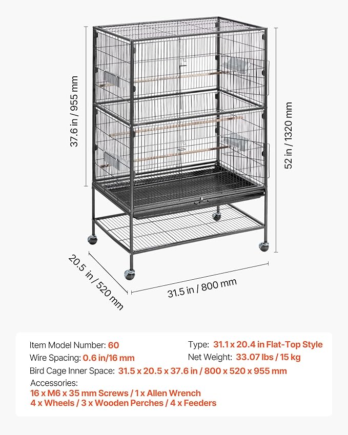 VEVOR Bird Cage, 31.5 x 20.5 x 52 inch, Flat Top, Wrought Iron Bird Flight Cage with Perches, Slide-Out Tray and Plastic Feeders, Casters, for Parrot, Blue Tit, Cockatiel, Canary, and Monk Parakeet