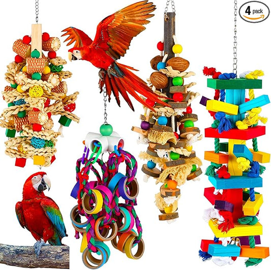 Soulchen 4 Pcs Extra Large Bird Parrot Toy Set Natural Wooden Chewing Toy, Rattan Ball, Wood Nut Loofah String (Bagged) for Large Macaws, African Grey, Amazon Parrots (Wooden Block)