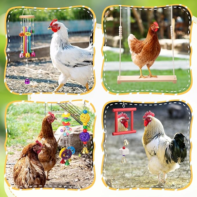 Soulchen 6 Pieces Chicken Toys for Coop Chicken Wind Chime Enrichment Toys Kits Chick Mirror with Bells Swing Hanging Chick Rattan Ball Loofah Bell for Coop Hens Chicks Poultry Birds Parrots