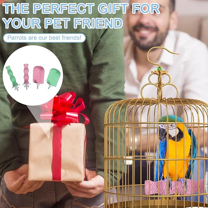 4pcs Bird Beak Grinding Stone, Beak Grinding Stone & Cage Platform Stand Perch Toy Foot Claws Trimmer Chewing Treats Toys Accessories for Parakeets Cockatiels Budgie Parrot Conures Lovebirds