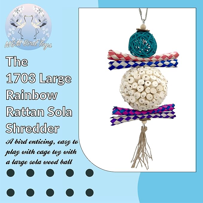 1703 Large Rainbow Rattan Sola Shredder - Handcrafted hanging foraging bird cage toy, Colorful rattan vine ball, Natural sola wood ball, Chewy bamboo finger traps, Natural jute twine, Lightweight part